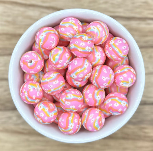 Lucky Daisies 15mm Round Printed Silicone Beads