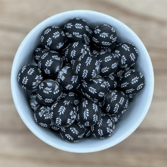Black Floral Leaves Round Printed Silicone Beads