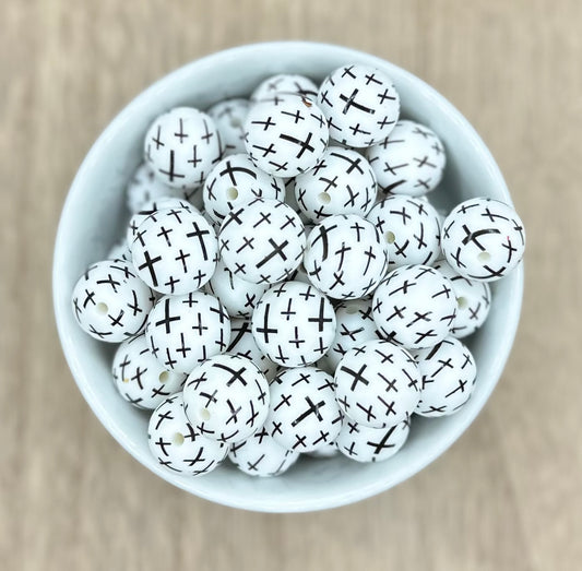 Minimalist Cross Black and White 15mm Round Printed Silicone Beads