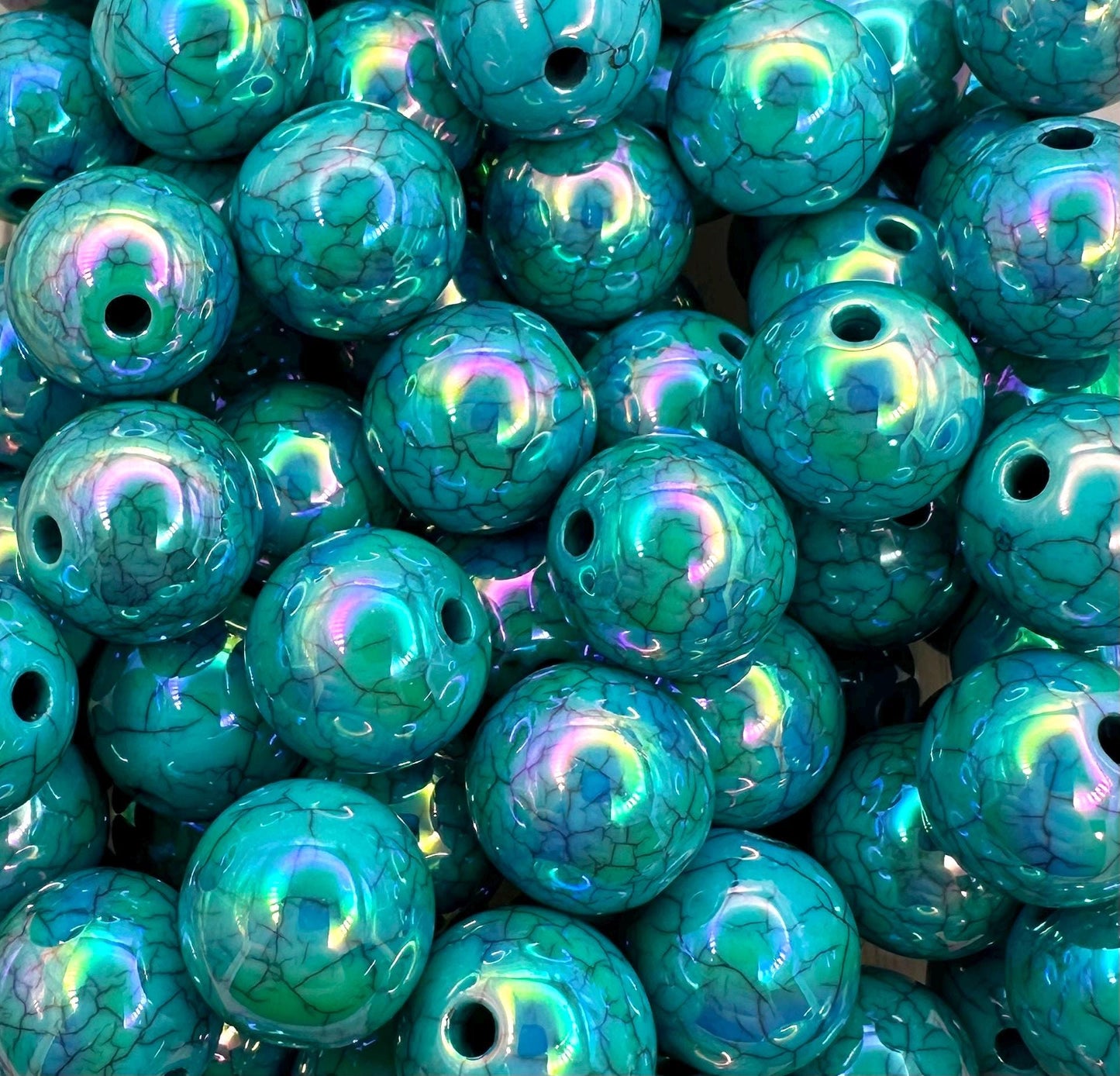 Teal Cracked 16mm 10pcs Round Printed Acrylic Beads