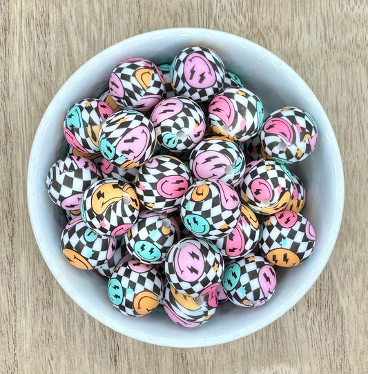 Checkered Smiley 15mm Round Printed Silicone Beads
