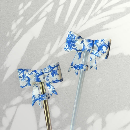 Blue Heirloom Antique Print Silicone Bow Straw Topper | Cute Tumbler Accessory | Reusable Dust Cover for Cups & Straws