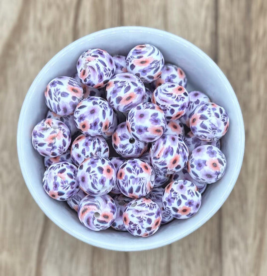 Purple Flowers Print | 15mm Round Silicone Beads