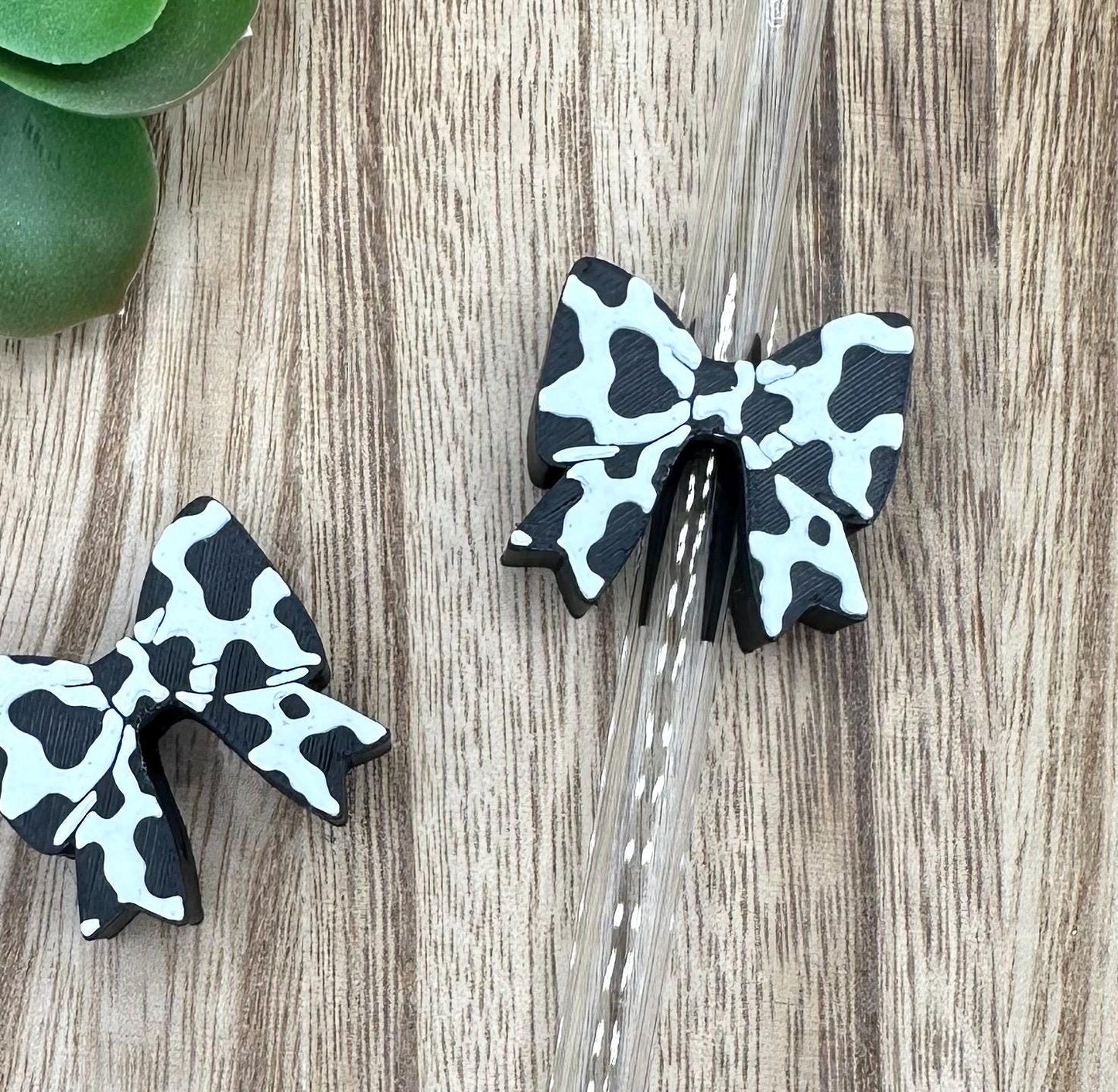 Cow Print Bow Straw Charm "Topper"