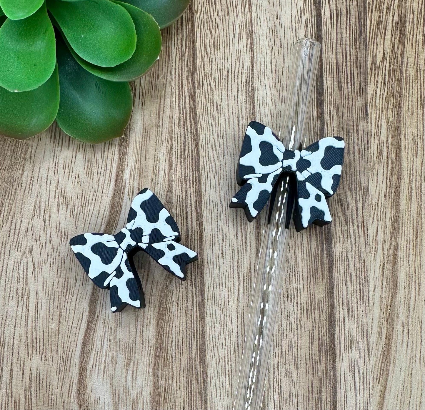 Cow Print Bow Straw Charm "Topper"
